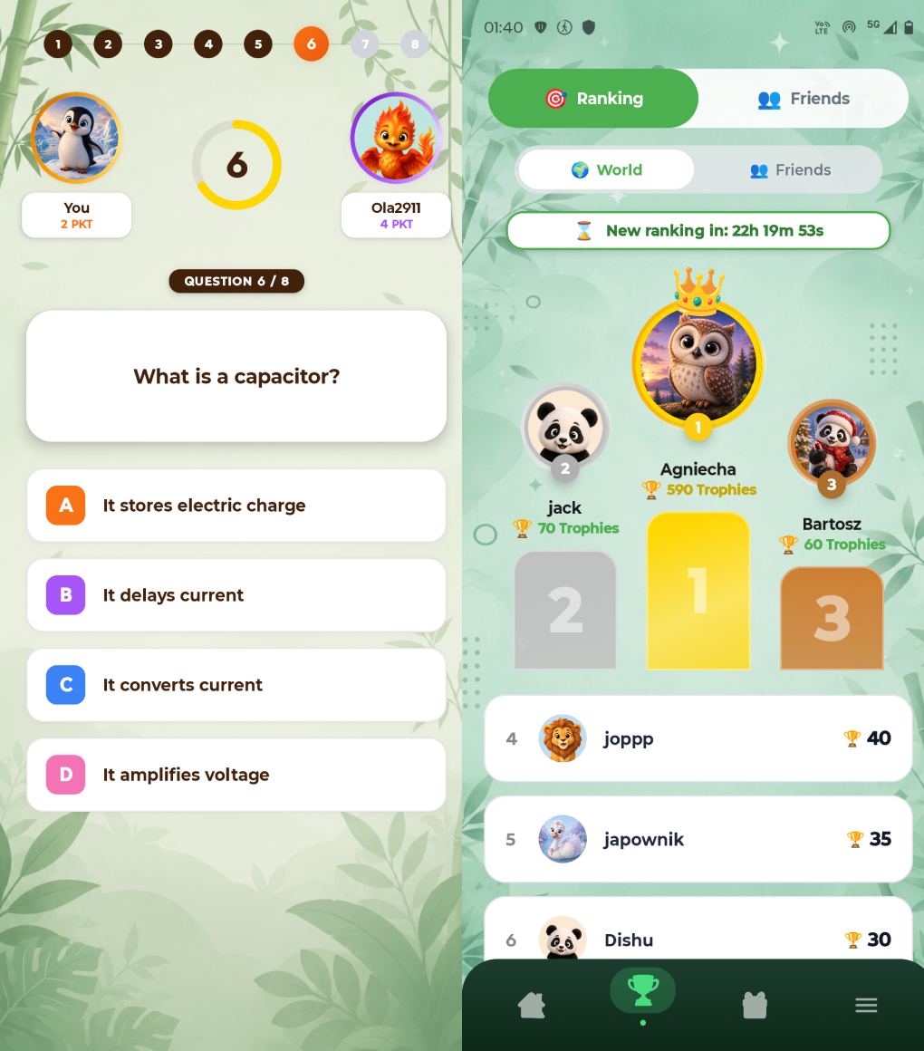 Pandago app screens: a 1v1 quiz battle and a player profile with level, daily goal and statistics